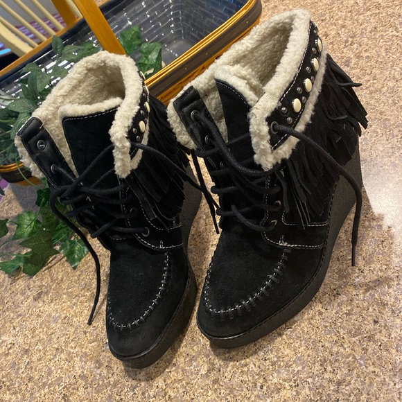 Sam Edelman Kemper Fringe Platform Wedge Boots 7.5 Suede Black Ivory - Picture 1 of 17